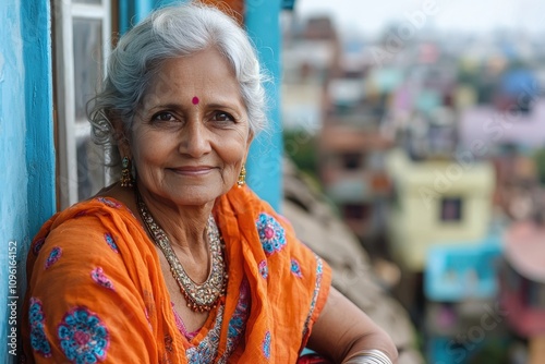 Joyful elderly woman in traditional indian attire smiling on balcony photo