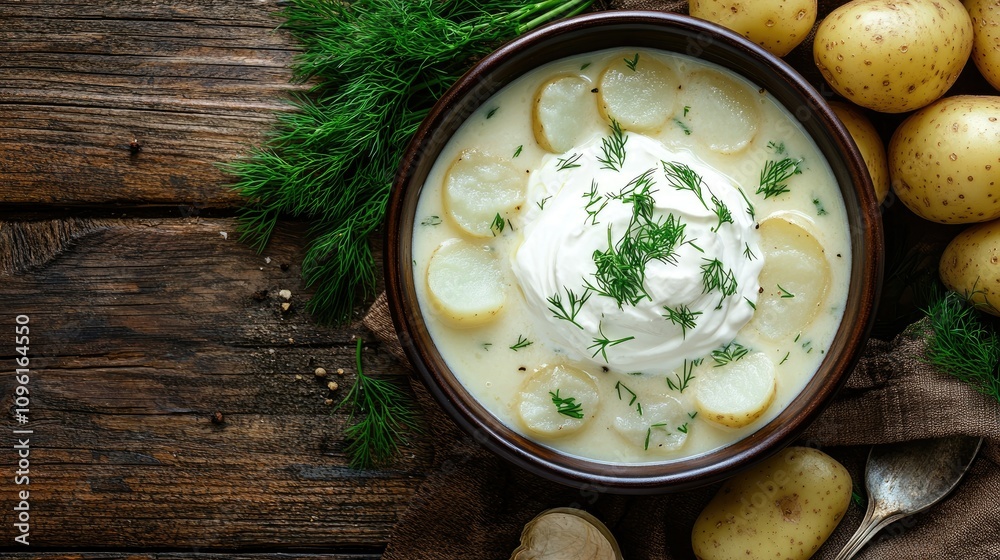 Creamy Potato Soup with Fresh Dill and Garnish on Rustic Wooden Table Creamy Potato Soup with Fresh Dill and Garnish on Rustic Wooden Table