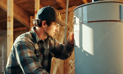 A young man working on a water heater installation.