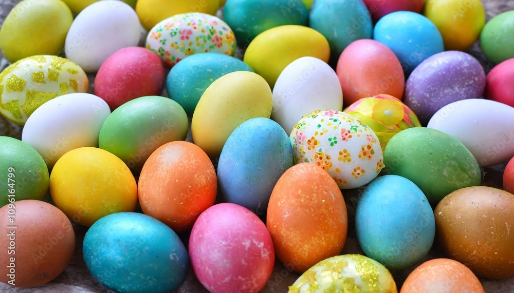 A vibrant and colorful background featuring a delightful assortment of Easter eggs, showcasing intricate patterns, vivid hues, and festive decorations to celebrate the joy and spirit of