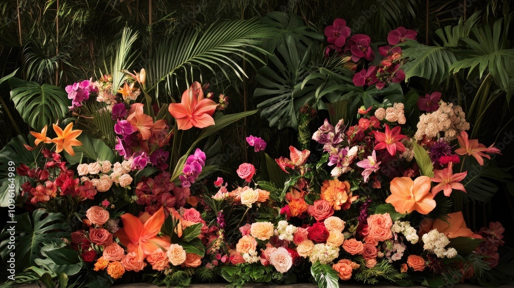 Lush Arrangement of Colorful Summer Flowers Surrounded by Tropical Greenery and Palm Leaves, Radiating Vibrancy and Natural Beauty Lush Arrangement of Colorful Summer Flowers Surrounded by Tropical Greenery and Palm Leaves, Radiating Vibrancy and Natural Beauty