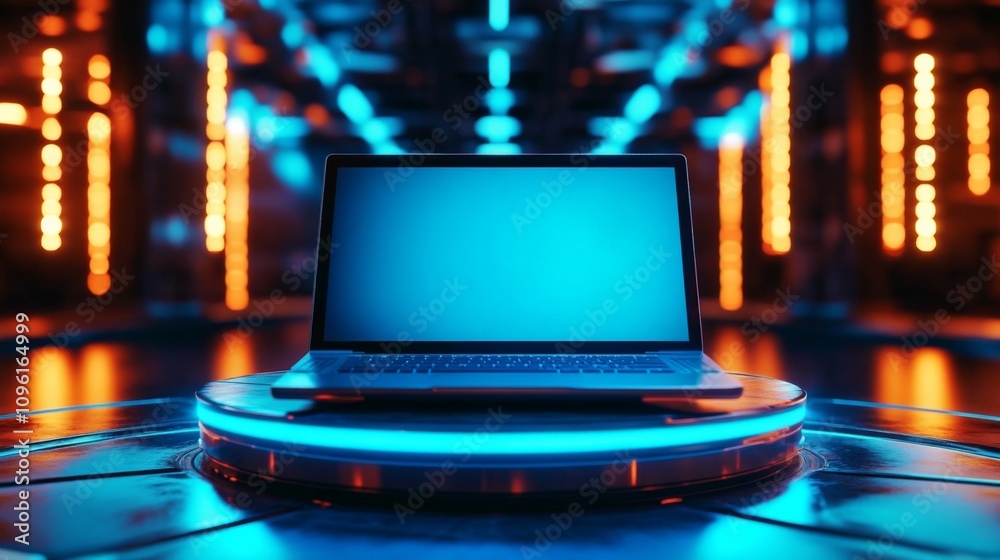 Futuristic laptop on blue-lit platform in dim room Futuristic laptop on blue-lit platform in dim room