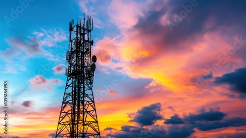 Communication Tower Against Vibrant Sunset Sky