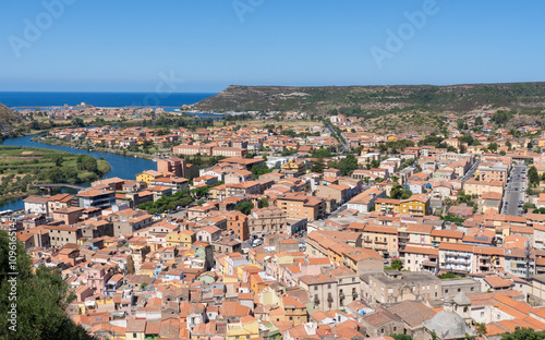 .fishing village of Bosa and aerial view of the town