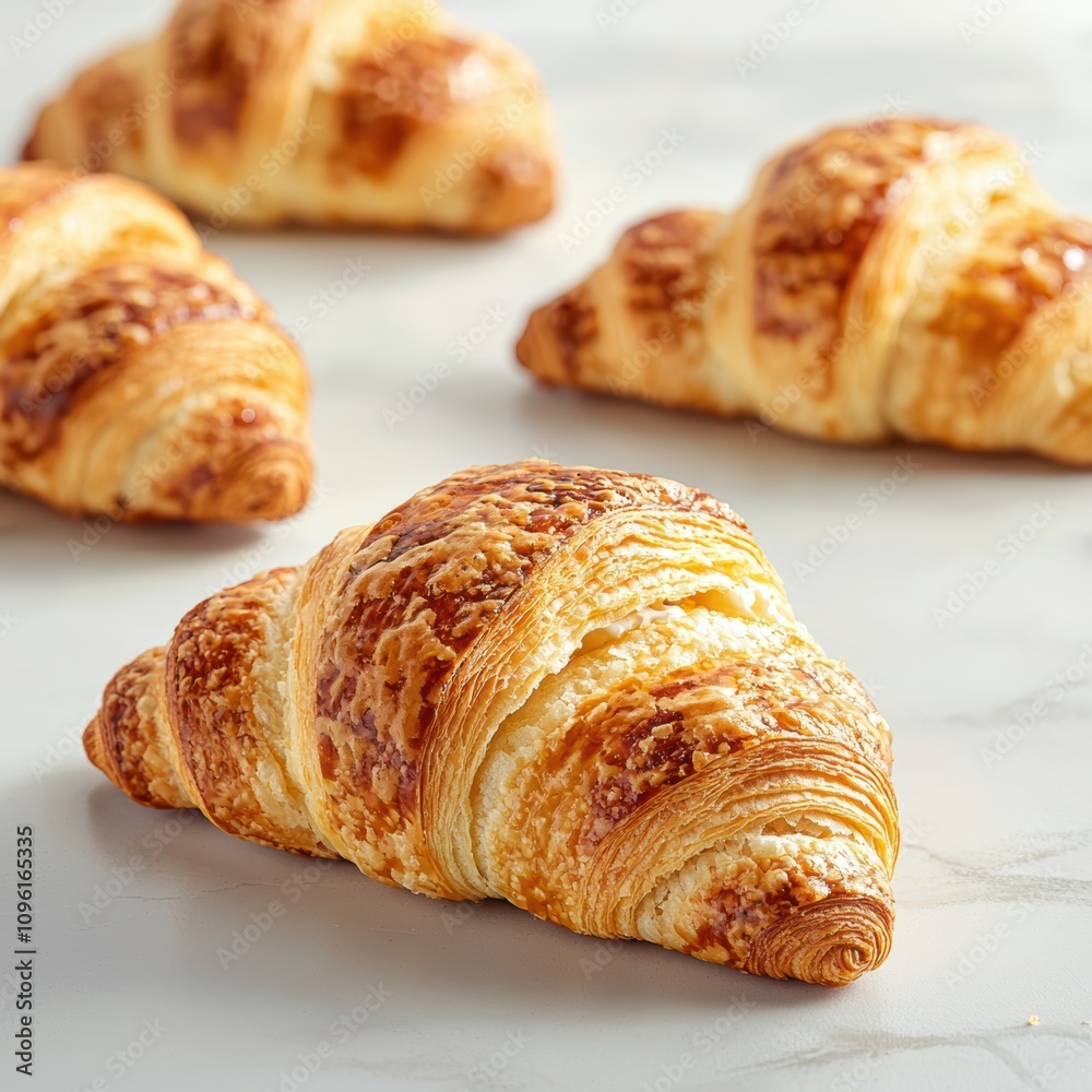 A close-up of freshly baked croissants, showcasing their golden-brown, flaky layers on a marble surface. A close-up of freshly baked croissants, showcasing their golden-brown, flaky layers on a marble surface.
