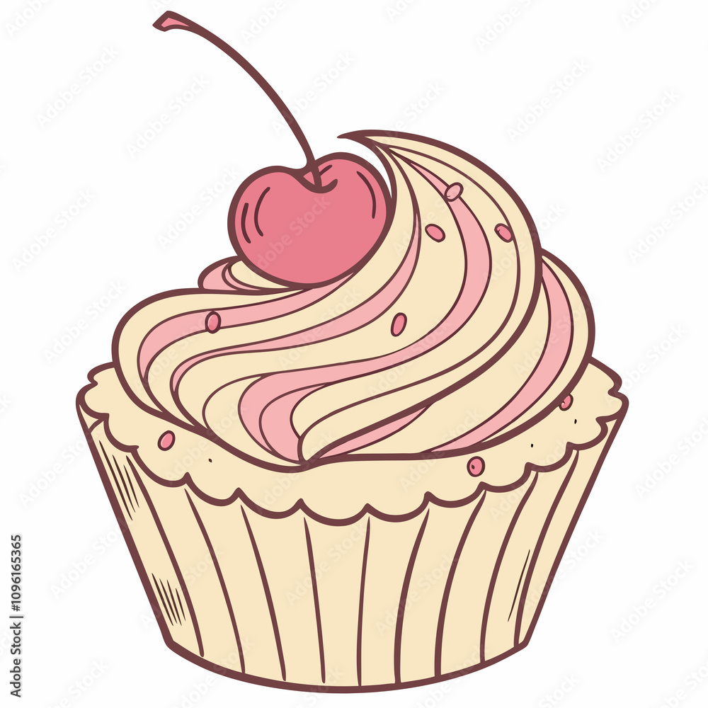 A delicious cupcake topped with a bright red cherry, showcasing a delightful dessert ready to be enjoyed. A delicious cupcake topped with a bright red cherry, showcasing a delightful dessert ready to be enjoyed.