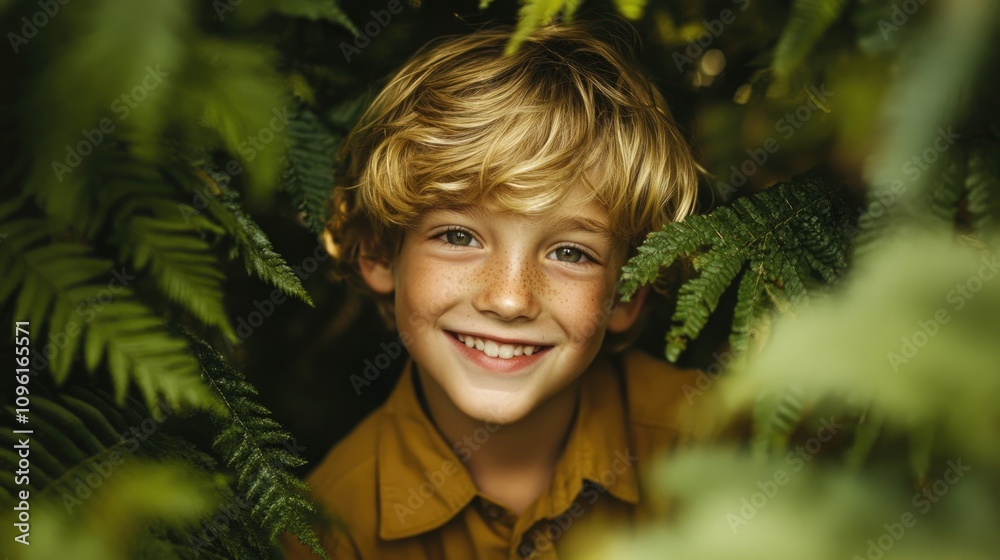 Young Boy with Soft Blonde Hair Smiling Brightly Amidst Lush Green Ferns, Radiating Joy and Innocence in a Serene Natural Setting. Young Boy with Soft Blonde Hair Smiling Brightly Amidst Lush Green Ferns, Radiating Joy and Innocence in a Serene Natural Setting.