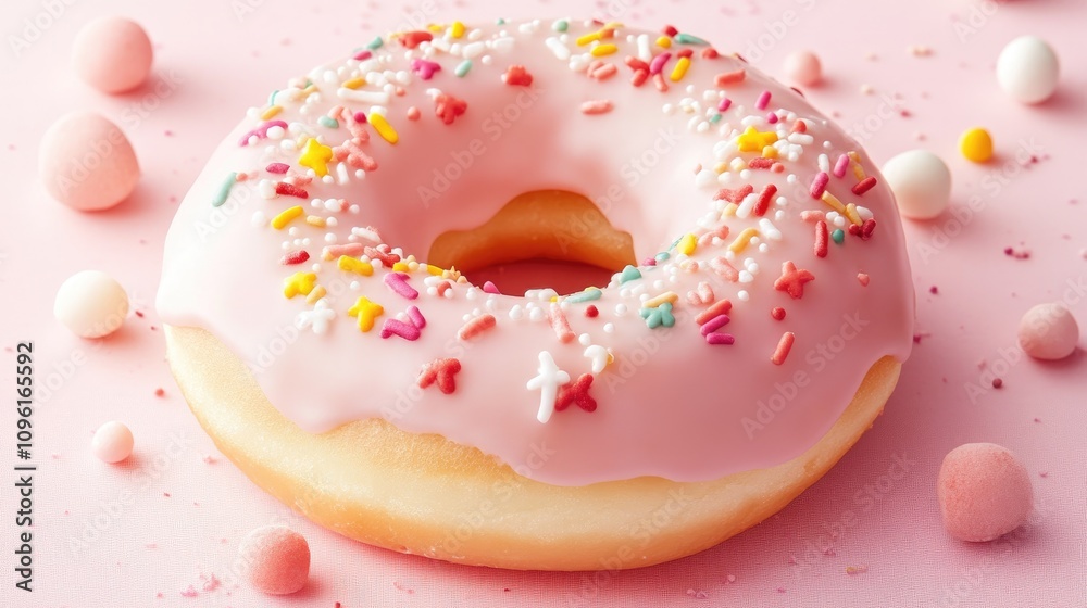 Strawberry donut with pink icing and colorful sprinkles on a soft pink background, beautifully arranged in a vertical flat lay presentation. Strawberry donut with pink icing and colorful sprinkles on a soft pink background, beautifully arranged in a vertical flat lay presentation.