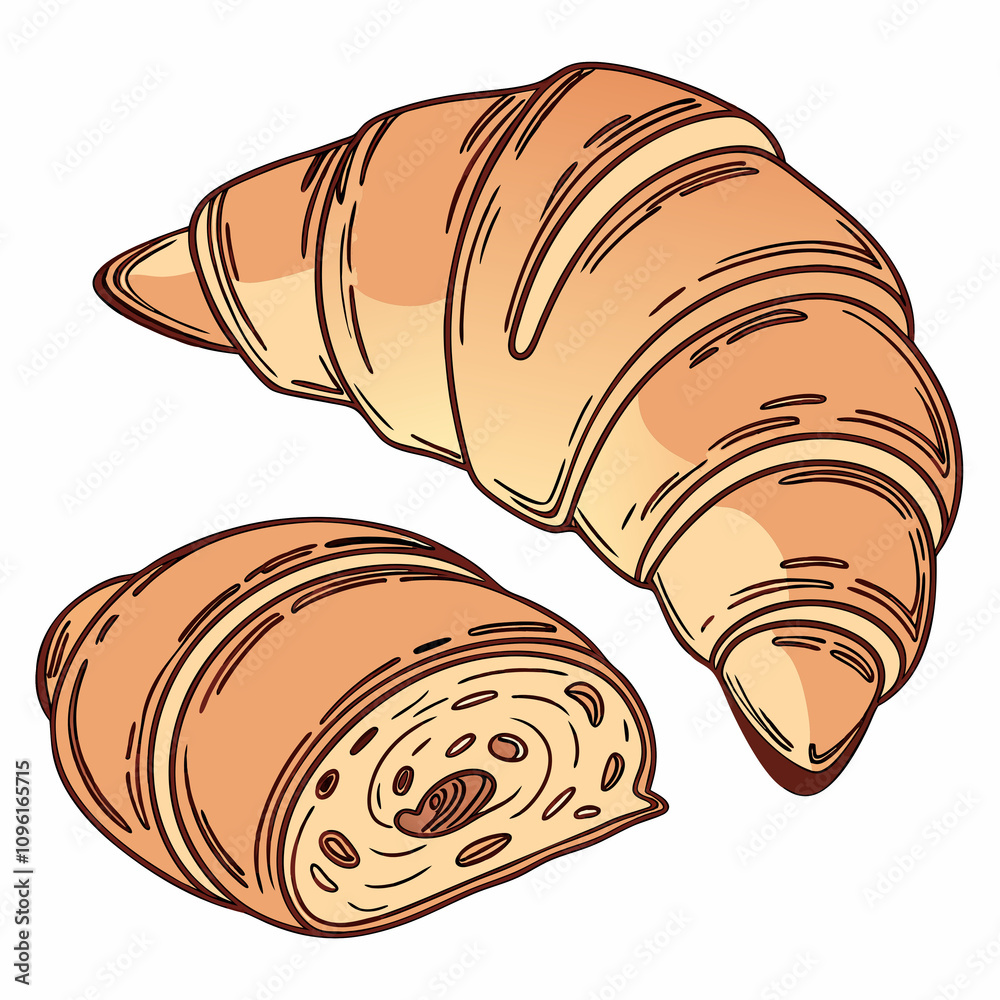 A golden croissant resting on a white plate against a clean white background. A golden croissant resting on a white plate against a clean white background.