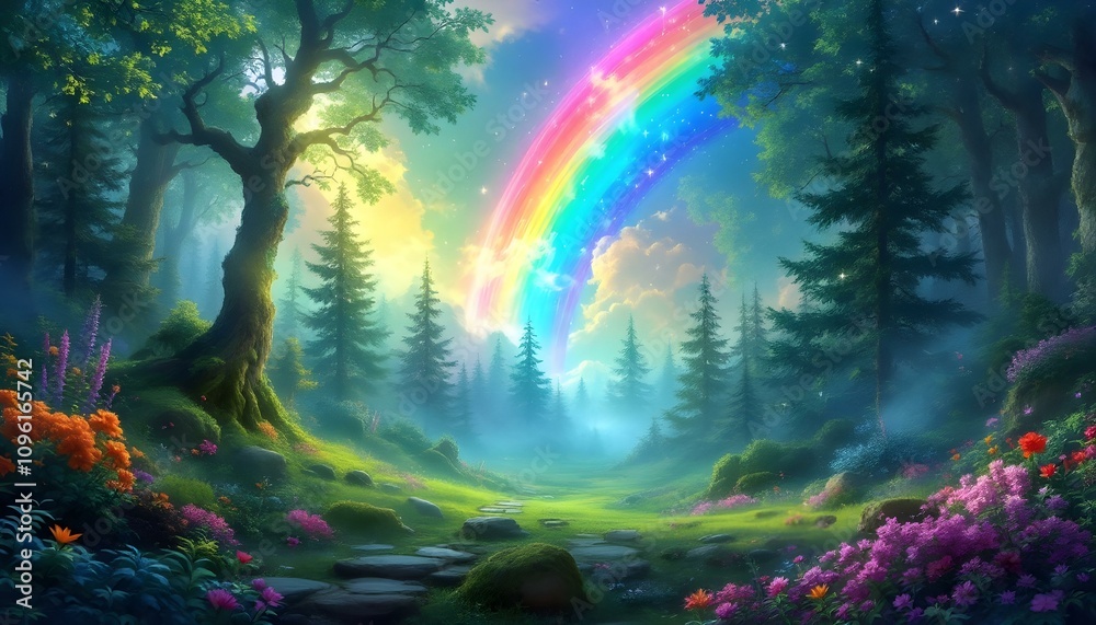 Naklejka premium Magical fantasy fairytale forest with rainbow and trees. Whimsical cartoon rainbow podium surrounded by fluffy clouds and vibrant trees in a magical landscape. Rainbow, Snowdonia, Wales