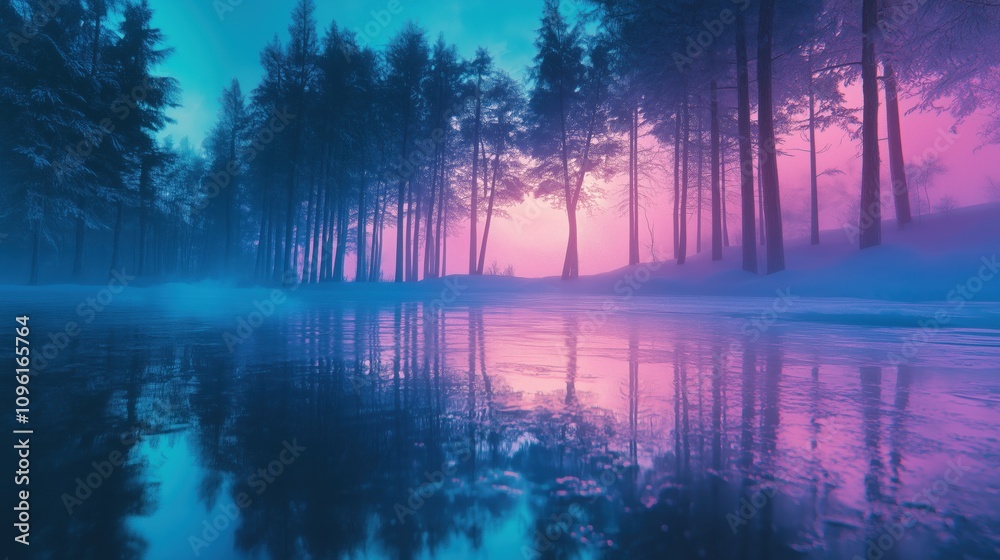 Fototapeta premium Morgenstimmung mit Wald und Wasserreflexion
