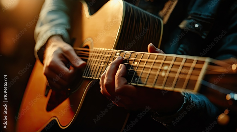 Fototapeta premium Close-Up of Hands Playing Acoustic Guitar in Warm Lighting
