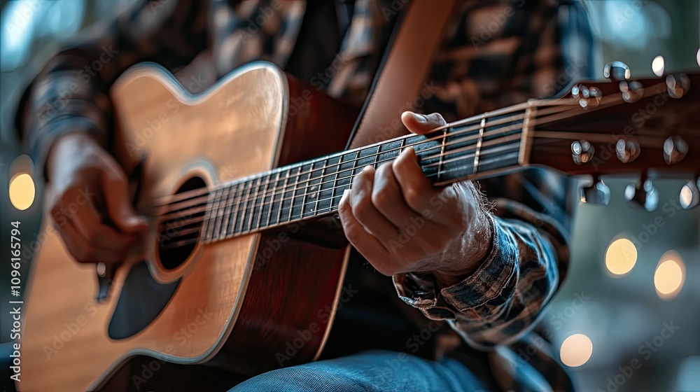 Obraz premium Close-Up of Hands Playing Acoustic Guitar with Blurred Lights