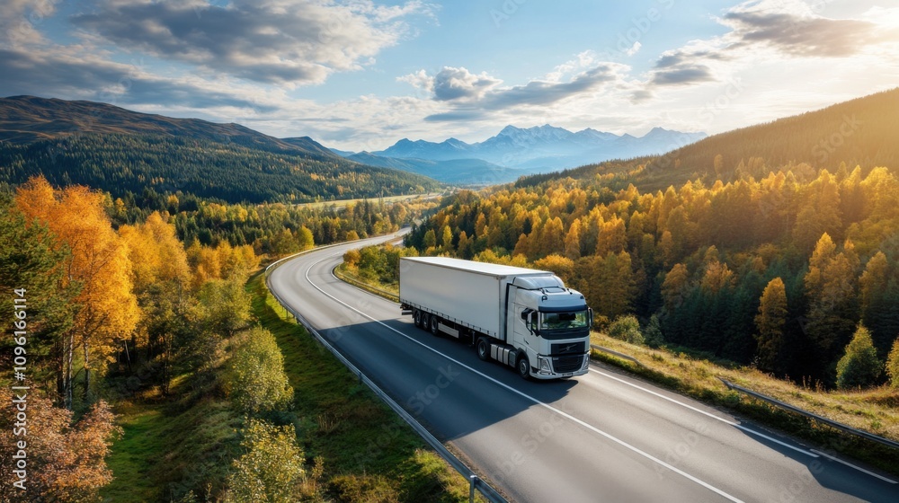 Scenic Truck on a Highway Amidst Autumn Landscape Scenic Truck on a Highway Amidst Autumn Landscape