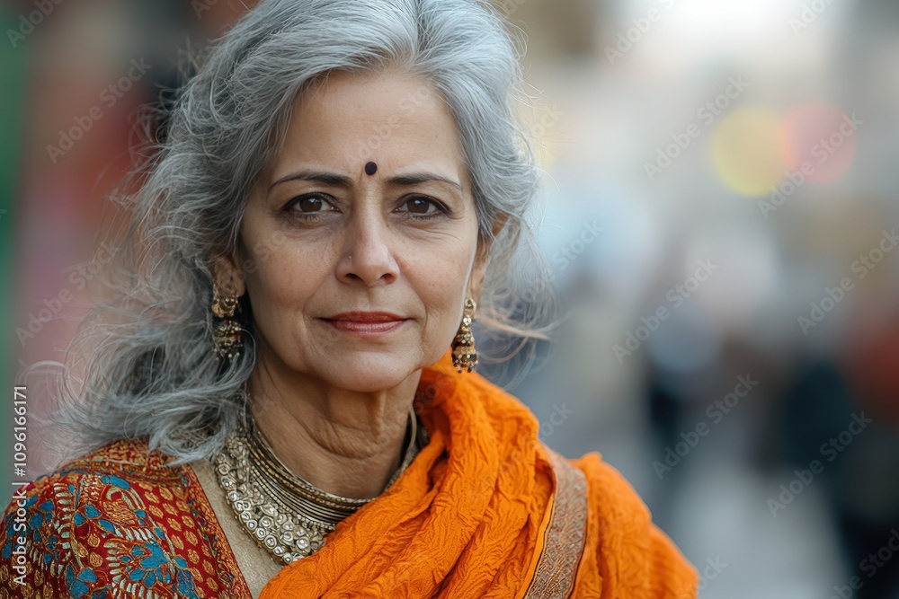 Elegant senior woman in traditional attire with graceful expression outdoors Elegant senior woman in traditional attire with graceful expression outdoors