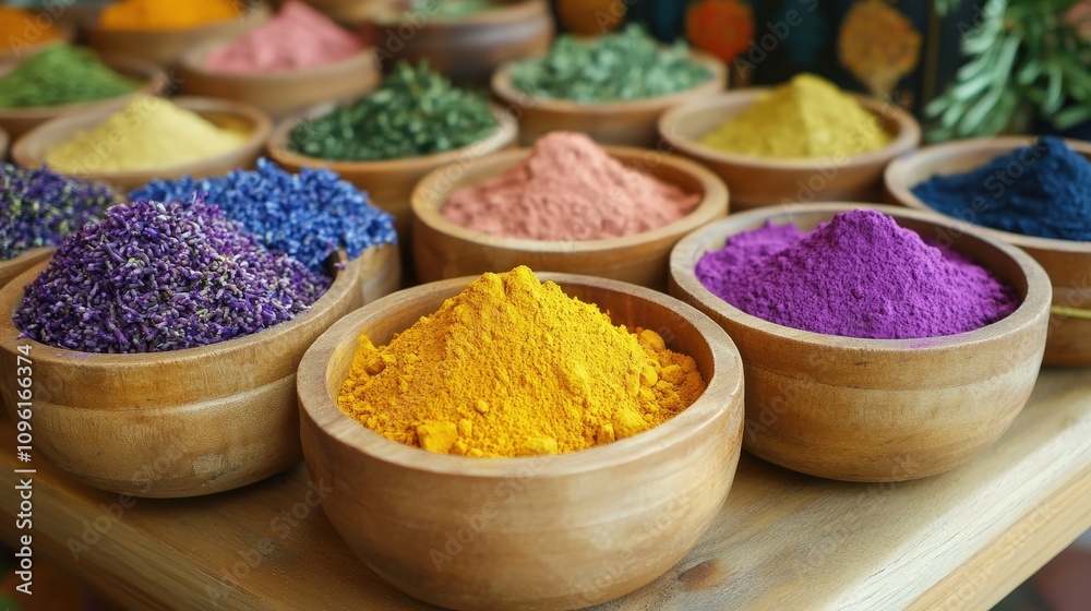 Vibrant bowls of colorful spices arranged neatly, showcasing a variety of textures and hues perfect for culinary inspiration.