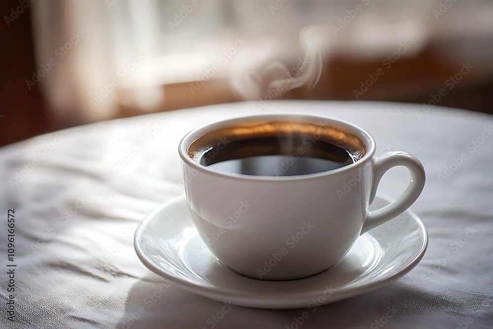 Fototapeta premium Steaming Coffee In A White Cup On A Saucer