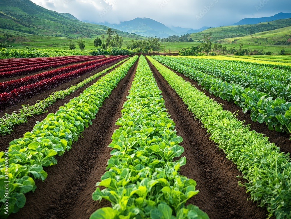 Vibrant rows of green crops stretch across a fertile landscape, showcasing the beauty of agriculture under a cloudy sky. Vibrant rows of green crops stretch across a fertile landscape, showcasing the beauty of agriculture under a cloudy sky.