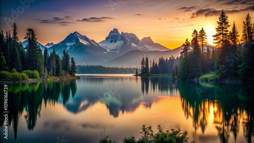 Tranquil Silhouette of a Mountain Lake at Dusk with Lush Greenery and Majestic Snow-Capped Peaks Reflected in the Calm Waters, Perfect for Nature Lovers and Outdoor Enthusiasts