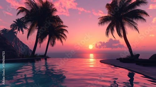 Tranquil sunset view from an infinity pool framed by palm trees, casting a warm glow over calm ocean waters and vibrant pink skies. photo