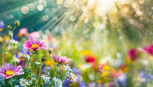 Vibrant summer flower meadow bathed in golden sunbeams, enhanced by soft bokeh light effects creating a serene and picturesque natural scene perfect for backgrounds and seasonal