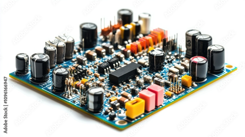 Colorful Electronic Circuit Board with Various Components and Resistors Colorful Electronic Circuit Board with Various Components and Resistors