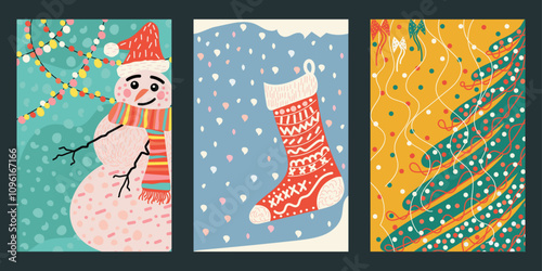 Doodle New Year three cards: snowman, christmas tree, stocking with decor for gifts. Colorful vector hand drawn illustration made in blue, red, white, beige, yellow, orange colours. Editable stroke