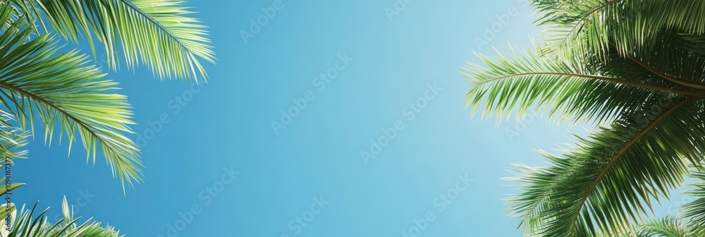 A serene view of palm leaves against a clear blue sky, evoking a tropical atmosphere. A serene view of palm leaves against a clear blue sky, evoking a tropical atmosphere.