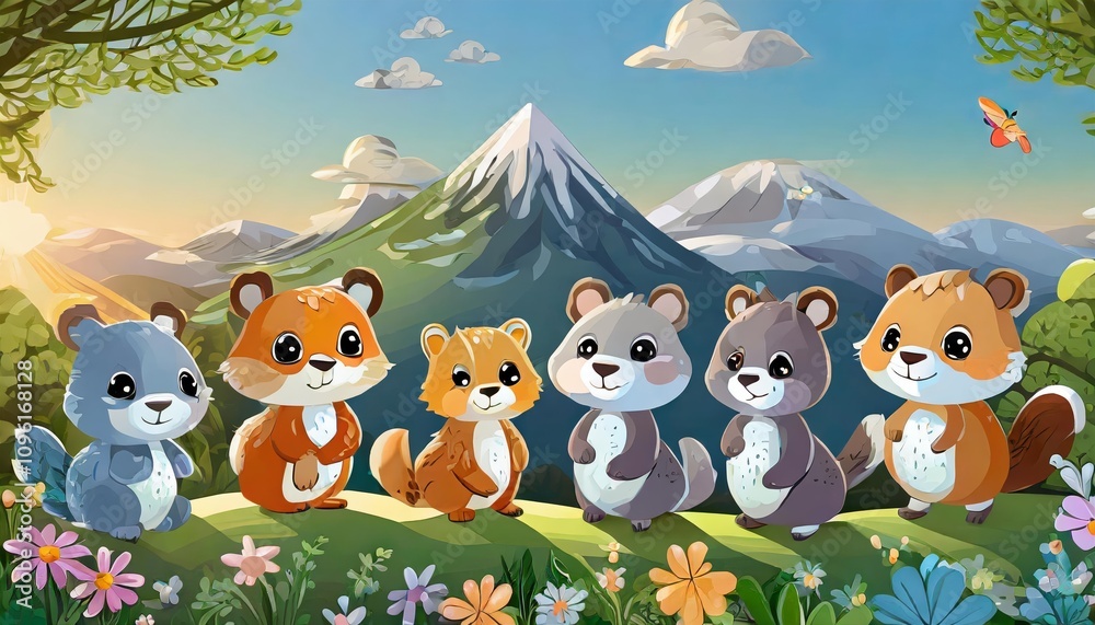 Naklejka premium Adorable and vibrant set of little cartoon animal characters, featuring cute baby animals in a charming design. Ideal for kids projects, education, and creative digital designs.