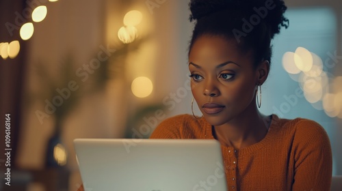 African American woman analyzing financial data on laptop screen - Generative AI	 photo