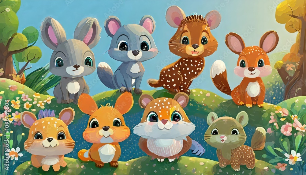 Naklejka premium Vibrant and Adorable Cartoon Baby Animals Characters Set Featuring Playful and Cute Designs â€“ Iconic Baby Animal Illustrations Perfect for Kids, Educational, or Decorative Uses