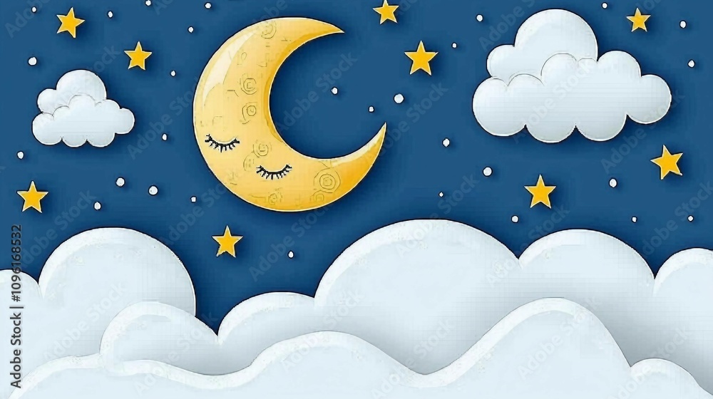 Dreamy Night Sky with a Whimsical Moon, Cute Clouds, and Shining Stars Creating a Magical Atmosphere for Children’s Themes and Illustrations Dreamy Night Sky with a Whimsical Moon, Cute Clouds, and Shining Stars Creating a Magical Atmosphere for Children’s Themes and Illustrations