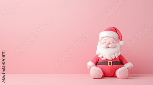 Pink background, a cute pink Santa Claus doll on the right side of the composition, pastel color scheme