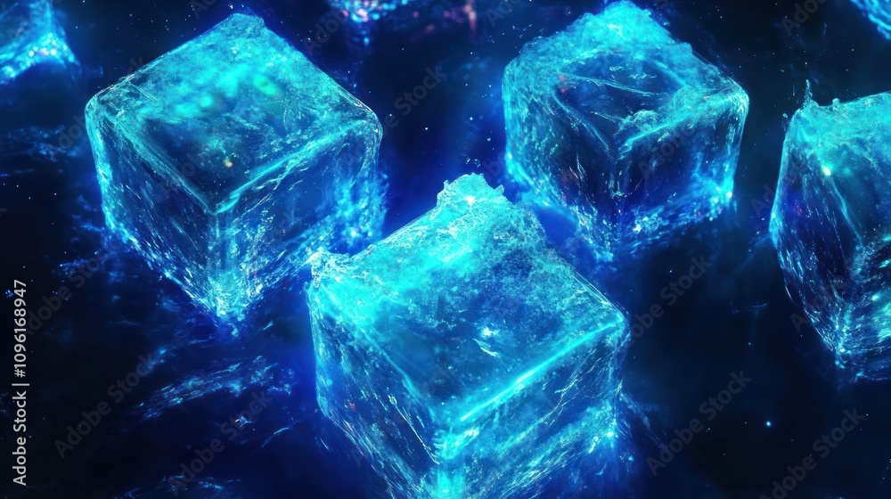 Obraz premium A vibrant close-up of glowing ice cubes in a dark, ethereal setting.