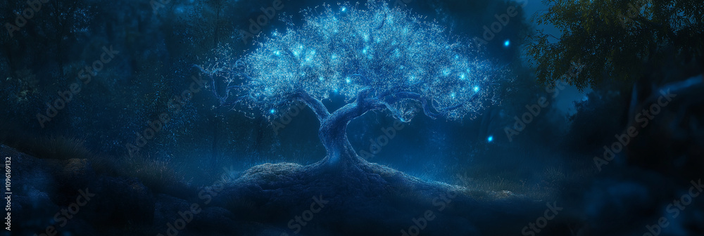 Obraz premium A single tree with glowing bioluminescent lights