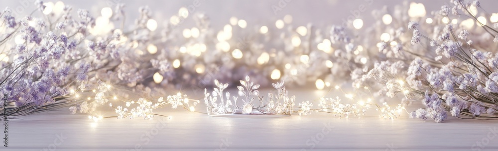 A delicate crown surrounded by soft flowers and fairy lights, evoking a whimsical atmosphere. A delicate crown surrounded by soft flowers and fairy lights, evoking a whimsical atmosphere.