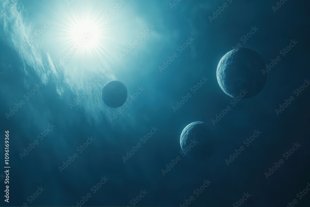 Three Planets Illuminated by Blue Light in a Tranquil Cosmic Background