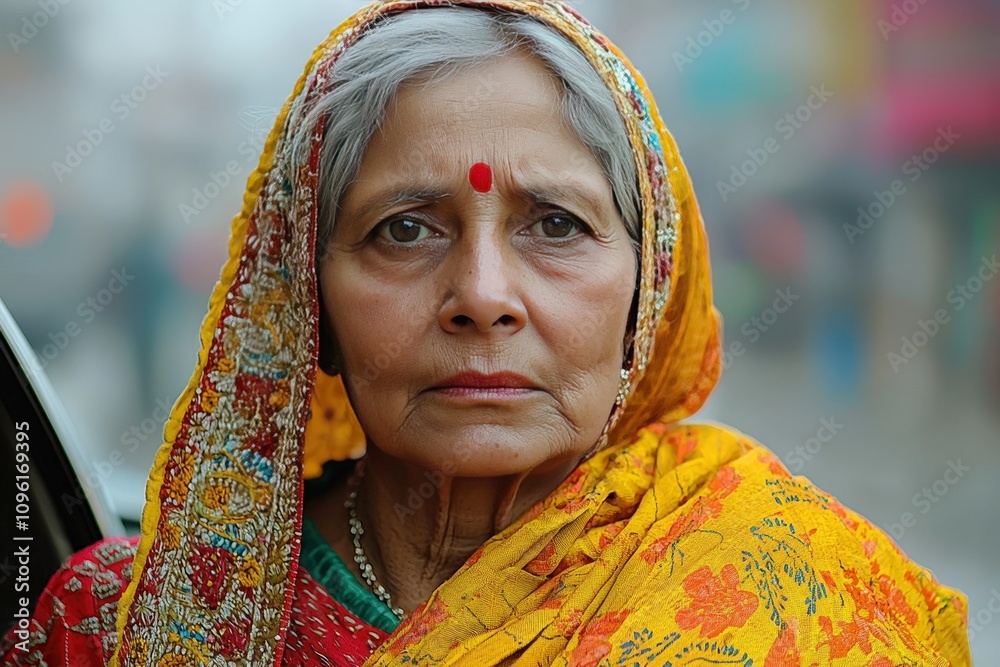 Elderly woman in traditional attire with colorful shawl and red bindi Elderly woman in traditional attire with colorful shawl and red bindi