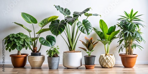 Trendy Collection of Indoor Potted Plants Isolated on White Background Featuring Alocasia, Begonia, Fan Palm, Monstera, Ficus, Strelitzia, and Oxalis in a Stylish Flat Graphic Design