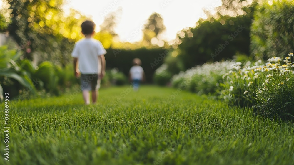 Two children walk along a lush green path in a garden filled with flowers, enjoying a peaceful outdoor moment during sunset. Two children walk along a lush green path in a garden filled with flowers, enjoying a peaceful outdoor moment during sunset.