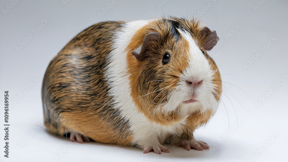 a friendly guinea pig with a patterned coat and a calm look against an isolated white background a friendly guinea pig with a patterned coat and a calm look against an isolated white background