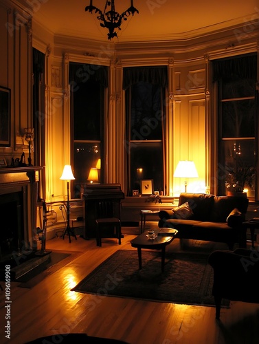 Warm Evening Glow in a Victorian-Era Living Room.