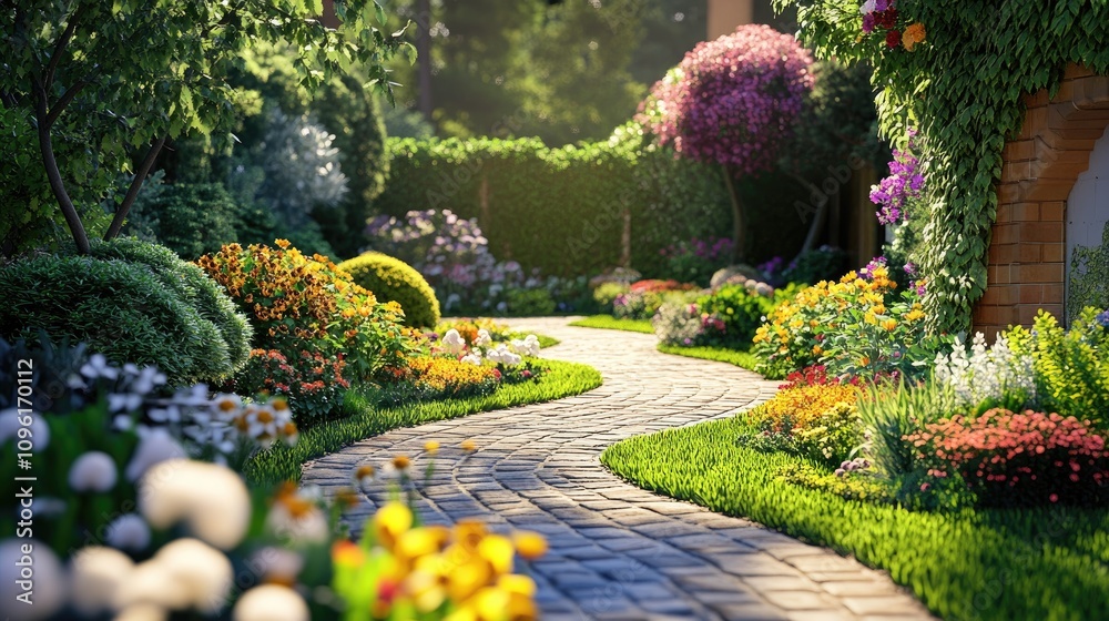 Obraz premium Beautifully landscaped summer garden with vibrant flowers, lush greenery, and a charming tiled path, showcasing an elegant blend of nature and design.