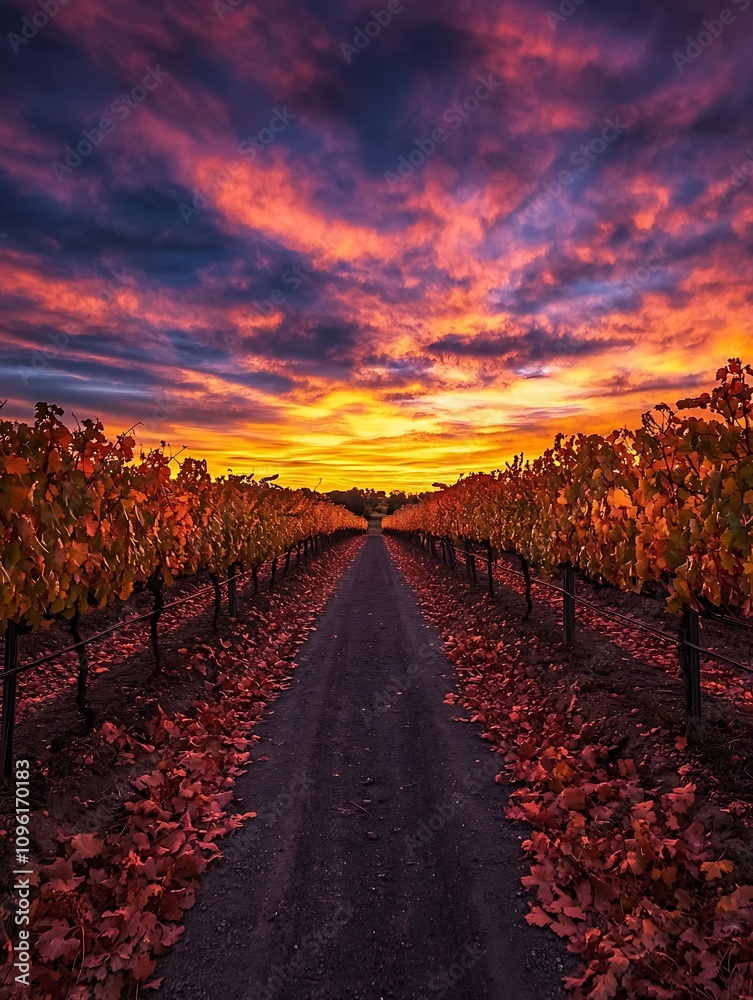 Fototapeta premium Vibrant Autumn Sunset Over a Vineyard Row, Dramatic Sky and Colorful Leaves.