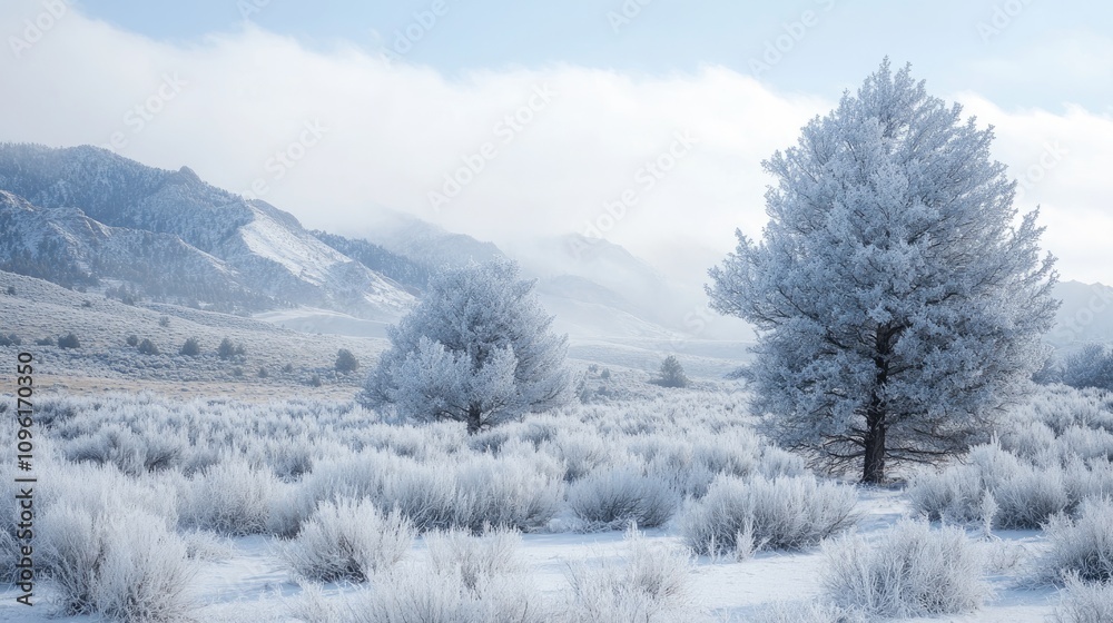Winter landscape featuring trees covered in hoarfrost and snow amidst mountains, creating a serene and festive backdrop for holiday themes. Winter landscape featuring trees covered in hoarfrost and snow amidst mountains, creating a serene and festive backdrop for holiday themes.