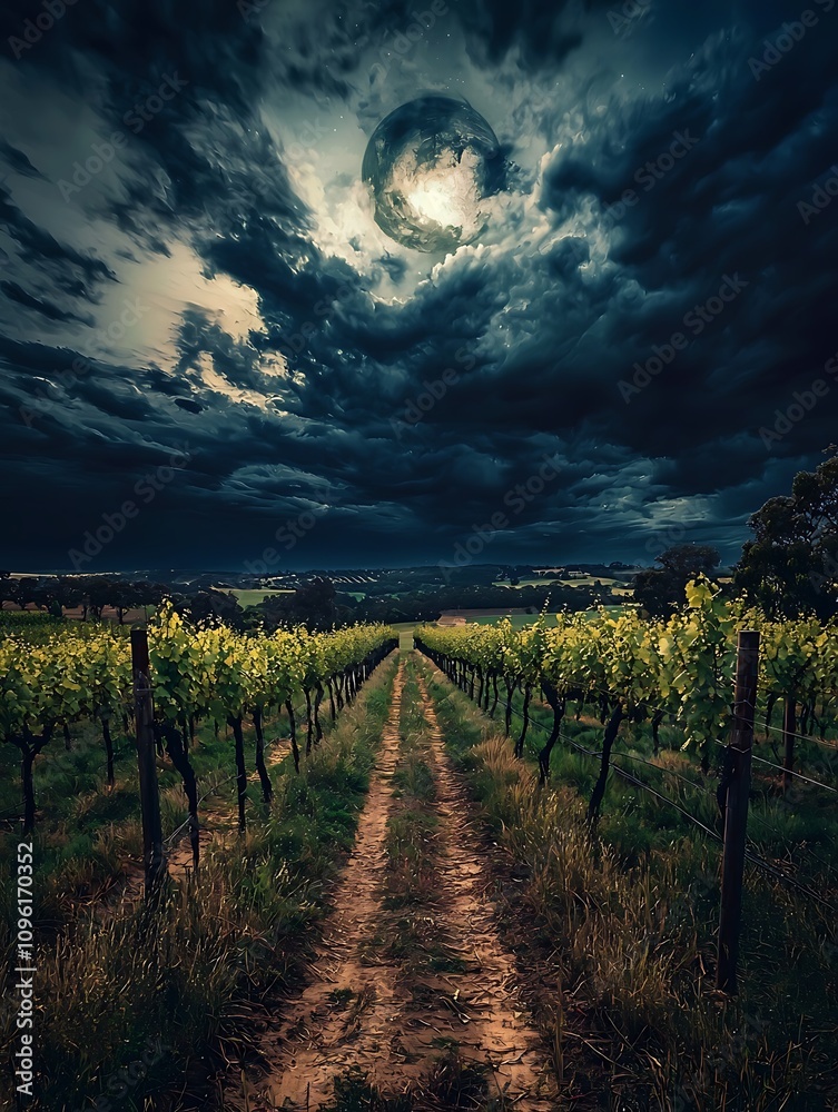 Naklejka premium Serene Nightfall in a Vineyard under a Giant Moon.