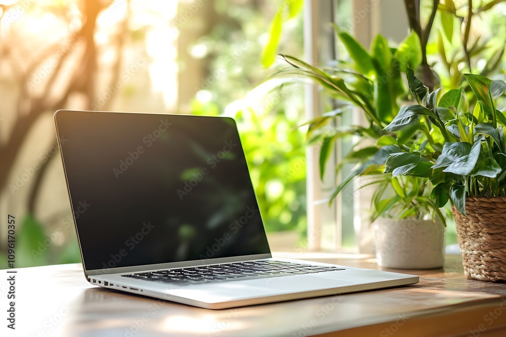 Laptop rests on wooden table near window plants Laptop rests on wooden table near window plants