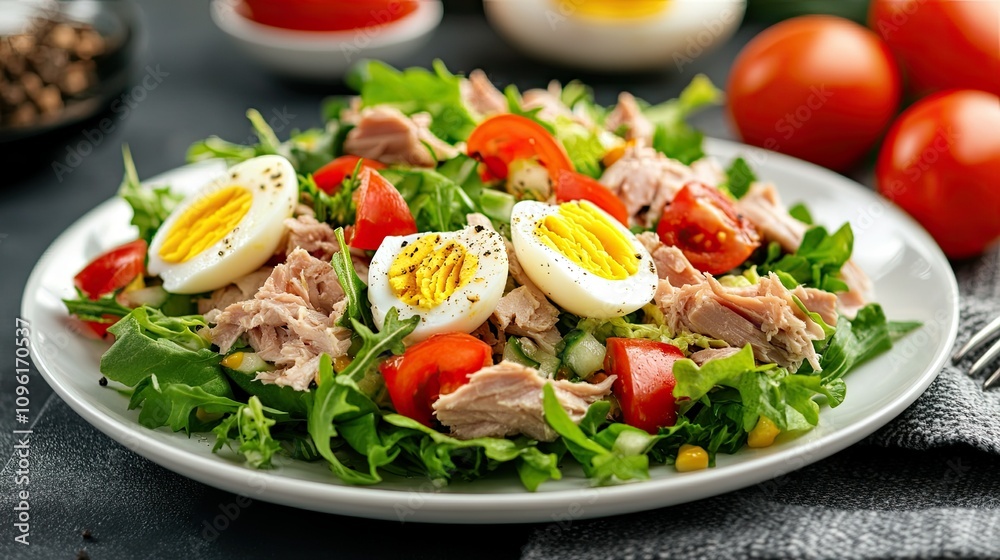 Fresh Salad with Tuna, Eggs, Tomatoes, and Leafy Greens on Plate Fresh Salad with Tuna, Eggs, Tomatoes, and Leafy Greens on Plate