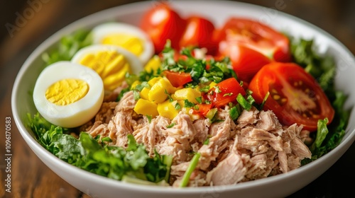 Fresh Salad Bowl with Tuna, Egg, Tomato, and Mango on Rustic Table