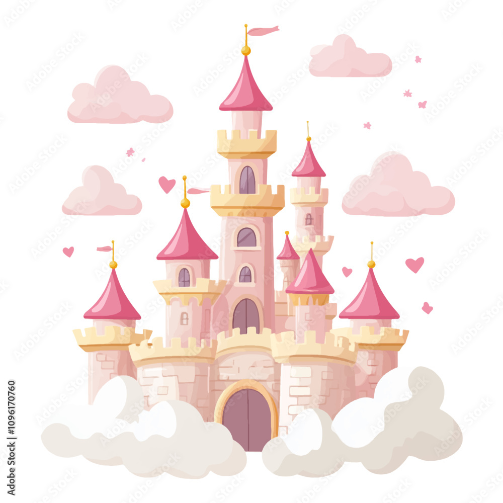 Beautiful cartoon-style castle on clouds, white background Beautiful cartoon-style castle on clouds, white background